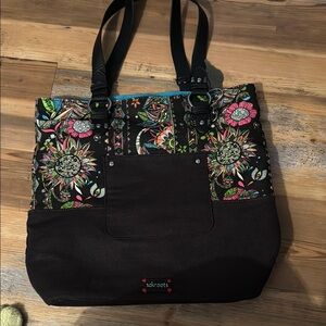 Sakroots Black Embroidered Tote Bag with Nature-Inspired Design